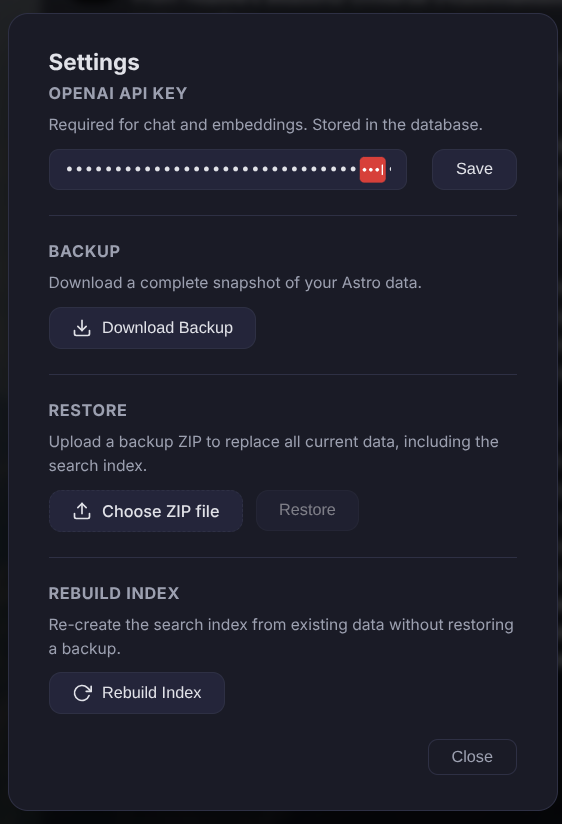 Settings — Configure your OpenAI API key, backup & restore, and rebuild index